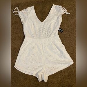 Express Eyelet Lace Romper Open Back Sleeve Tie White